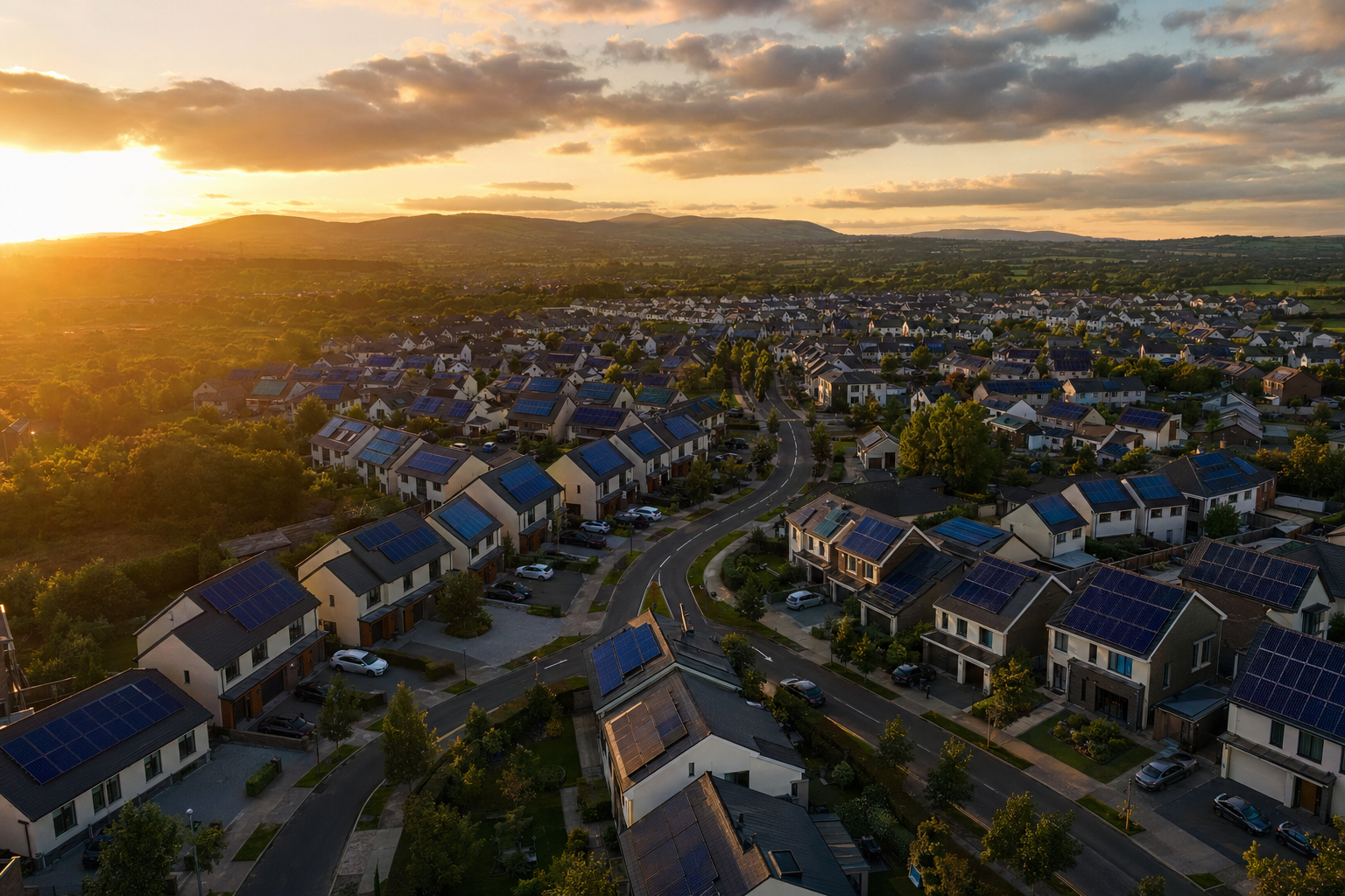 Aerial of an Irish suburban estate with solar PV on every roof
